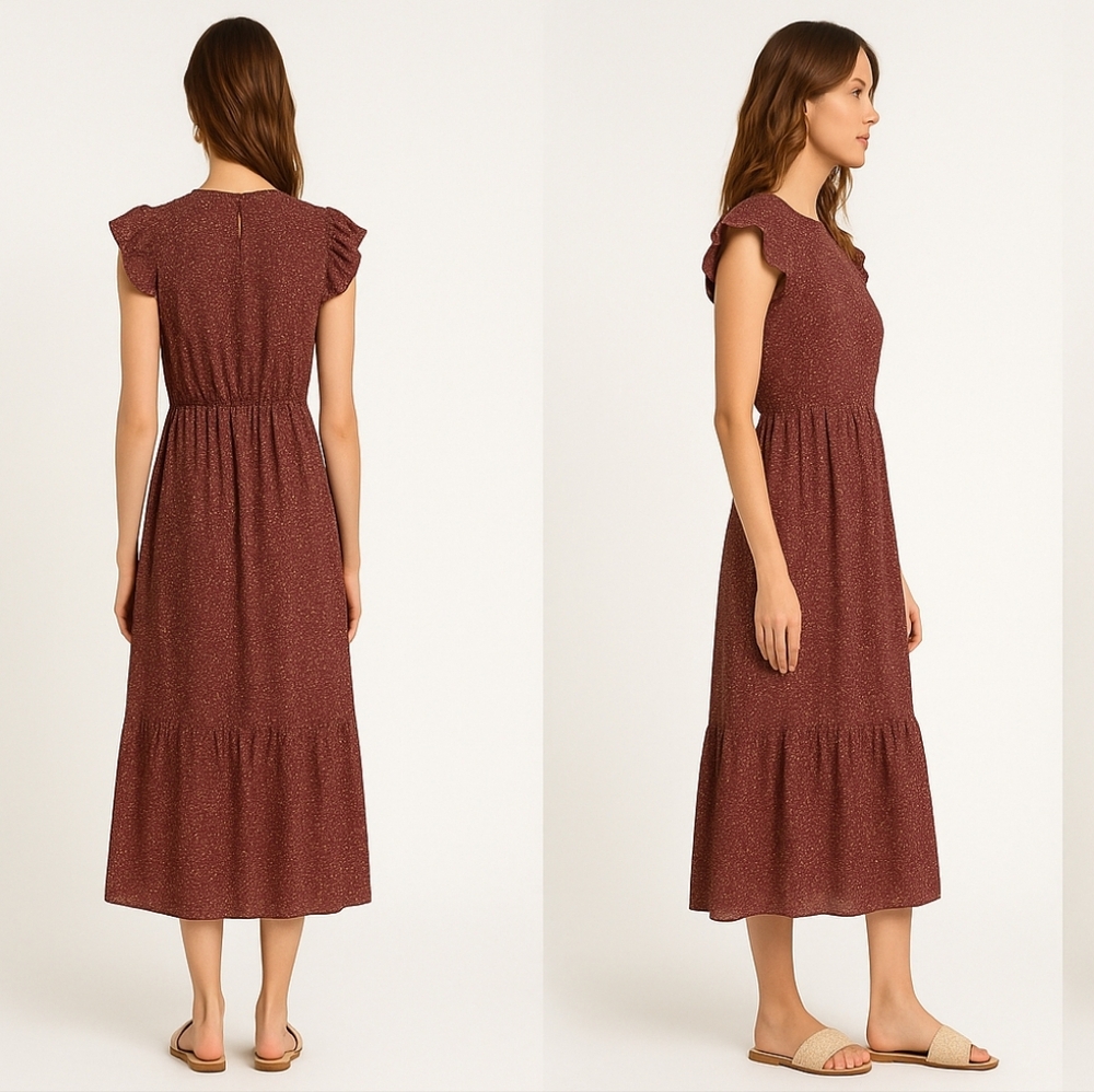 Zunie Smocked Floral Midi Dress | Juniors 14 - Fits Women’s XS–S | Wine Berry - Picture 4 of 17